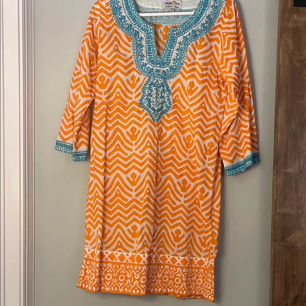 Orange and Blue Scoop Neck 3/4 Sleeve Dress